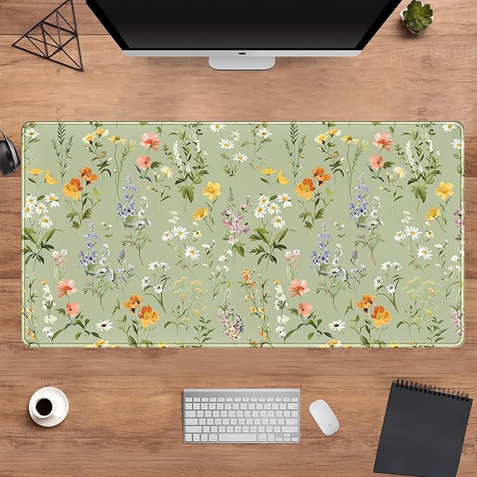Cute Green Large Gaming Mouse Pad XXL Mousepad Sage Desk Mat with Stitched Edges, Aesthetic Computer Laptop Keyboard and Mouse Mat, Flower Plant Non-Slip Rubber Base Desk Pad 31.5x15.75 in