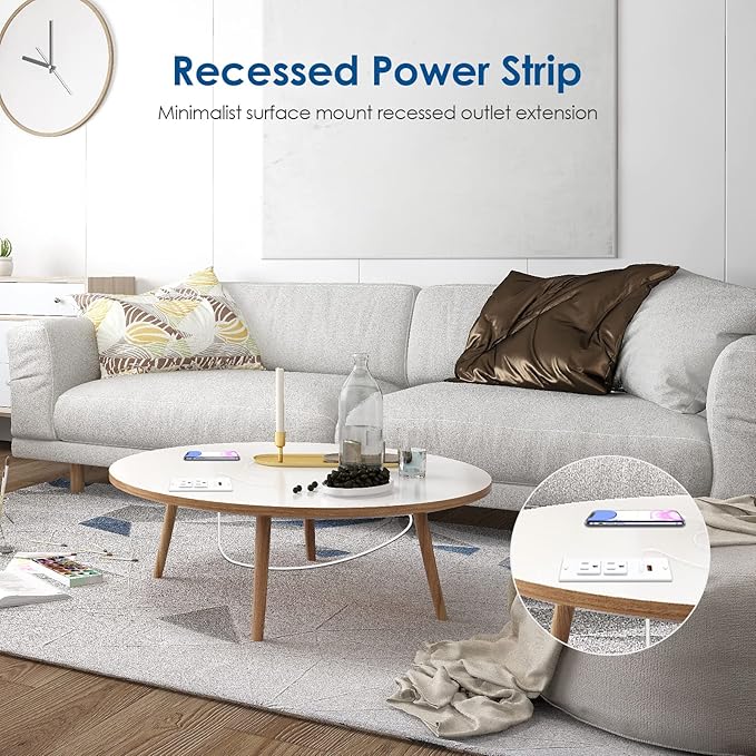 Conference Recessed Power Strip USB C PD 20W Fast Charging,Furniture Recessed Outlet,2 Outlets,2 USB Ports Table Power Strip,Flush Mount Power Strip for Side Table,6ft Cord,Flat Plug