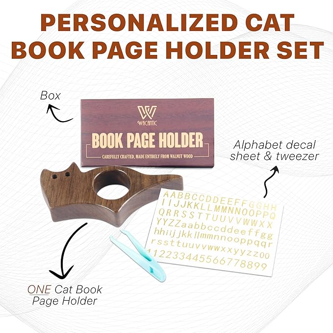 Personalized Cat Book Page Holder with 3D Metal Letters, Smooth Finish Walnut Wood Thumb Page Holder for Reading,Customizable Book Reader Gifts & Reading Accessories,Ideal for Book Lovers (Large)
