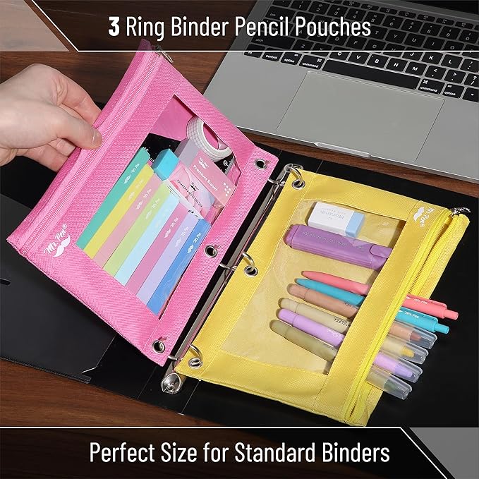 Mr. Pen- 2 Pack Pencil Cases, Pink and Yellow Flat Zipper Pouch for 3 Ring Binder