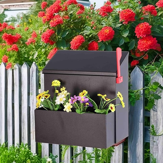 Wall Mount Mailbox with Flower Planter - Black Large Capacity Security Wall Mounted Mailbox - Waterproof Vertical Drop Mail Box Outdoor