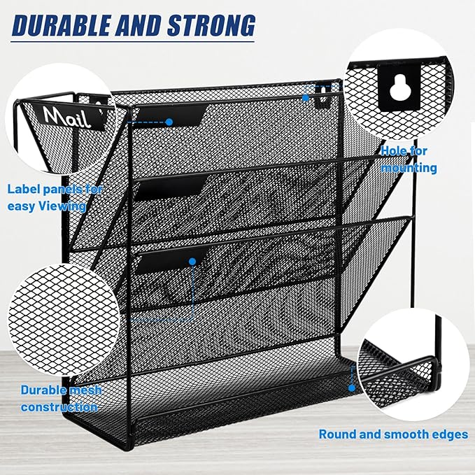 EASEPRES Desk File Organizer Mesh 4-Tier, Hanging Wall Mount Document Organization Stand, Desktop Vertical Mail Paper Folder Holder Rack with Bottom Tray for Office Home Cubicle Countertop, Black