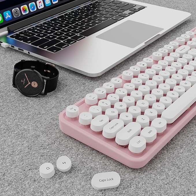 Wireless Keyboard and Mouse Combo, Ergonomic Full Size Typewriter Retro Round Keycaps Keyboard, Compatible with Windows, PC, Perfer for Home and Office Keyboards (Lovely Pink)