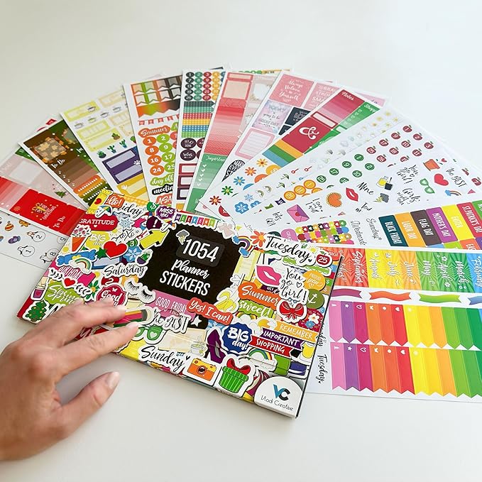 Vladi Creative Cute Colorful Planner Stickers – 1054 pcs / 15 Sheets – Functional & Decorative Icons, Dates, Weather, Flags – Writable Tabs for Bullet Journals, Calendars – Planner Accessories