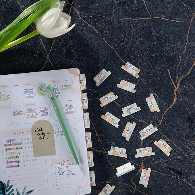 DIVERSEBEE Laminated Planner Monthly Tabs, 24 Peel and Stick Tabs for Notebooks (12 Month Tabs and 4 Blank Tabs), Calendar Monthly Tab Stickers for Planners, Monthly Dividers (Mist) DB117