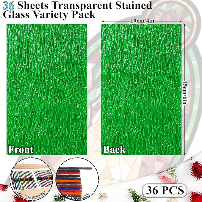 36 Sheets Transparent Stained Glass Sheets, 4 x 6 Inch Mosaic Glass Tiles Bulk for Crafts, Assorted Colors Cathedral Art Glasses Sheets for Stained Glass Making Projects