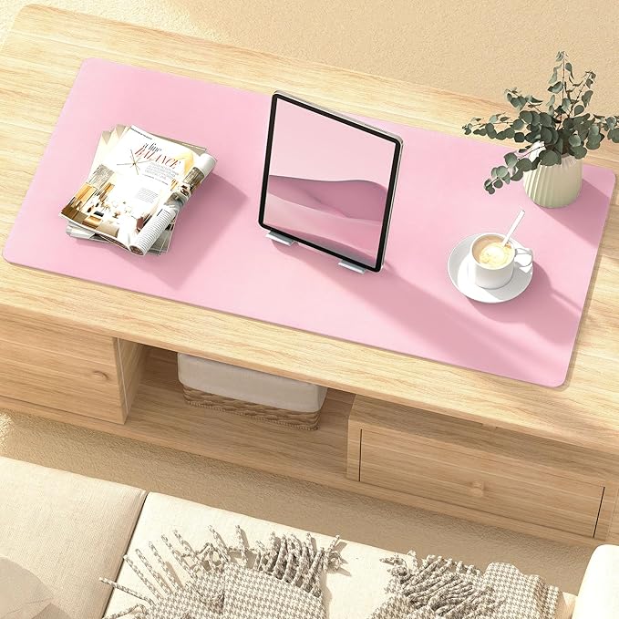 Leather Desk Pad Protector, Mouse Pad, Non-Slip Computer Mat for Desk, PU Leather Office Desk Mat for Home & Office, Waterproof Laptop Desk Blotter for Keyboard and Mouse, Pink (15.7''X31.5'')