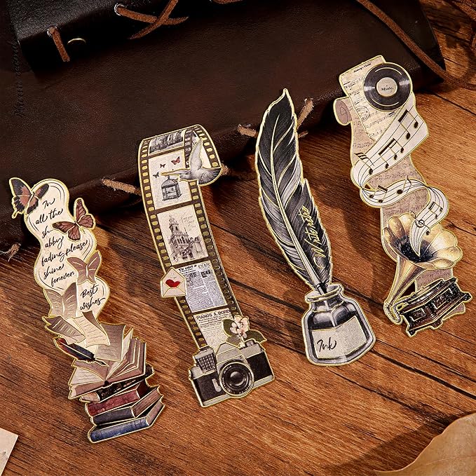 4pcs Vintage Bookmarks for Reading Women & Men, Unique Pretty Cute Metal Book Marks Kit Gifts for Book Lovers, Readers, Writers, Teens, Kids, Fantacy Cool Retro Page Markers Accessories for Bibles