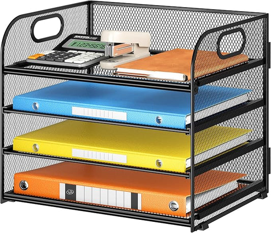 Lavatino Paper Organizer for Desk, 4-Tier Desk Organizer Tray, Mesh Desktop File Organizers with Handle, Office Classroom Organization and Storage-Black