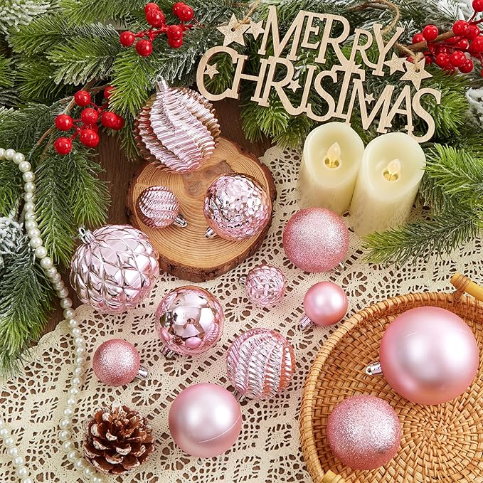 Christmas Balls Ornaments -36pcs Shatterproof Christmas Tree Decorations with Hanging Loop for Xmas Tree Wedding Holiday Party Home Decor,6 Styles in 3 Sizes(Pink)