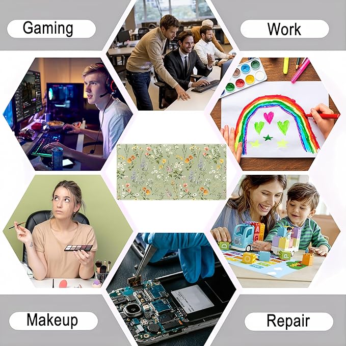 Cute Green Large Gaming Mouse Pad XXL Mousepad Sage Desk Mat with Stitched Edges, Aesthetic Computer Laptop Keyboard and Mouse Mat, Flower Plant Non-Slip Rubber Base Desk Pad 31.5x15.75 in