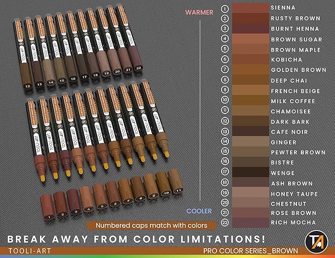 TOOLI-ART 22 Acrylic Paint Markers Pens Pro Color Series Set 3mm Medium Tip for Rock Painting, Glass, Mugs, Wood, Metal, Glass, Canvas, DIY. Non Toxic, Waterbased, Quick Drying (BROWN)