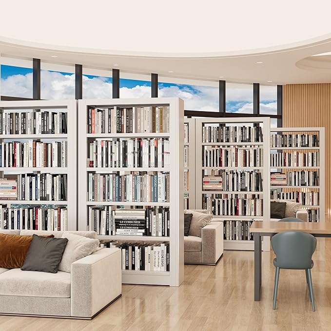 Metal Bookshelf, Adjustable 69" Tall Bookcase, 5 Tier Heavy Duty White Book Shelf with Book Stopper, Industrial Book Shelves for Living Room, Library, School, Office