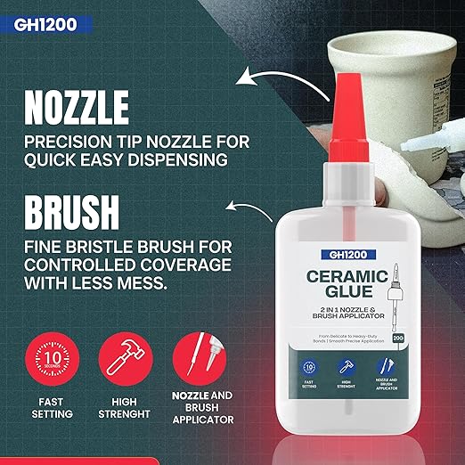 GH1200 Ceramic Glue Repair with Brush Applicator & Nozzle (20 g), Waterproof, Clear, Smooth. Fast Drying, Ceramic Glue for Pottery, Dishes, Mugs & More