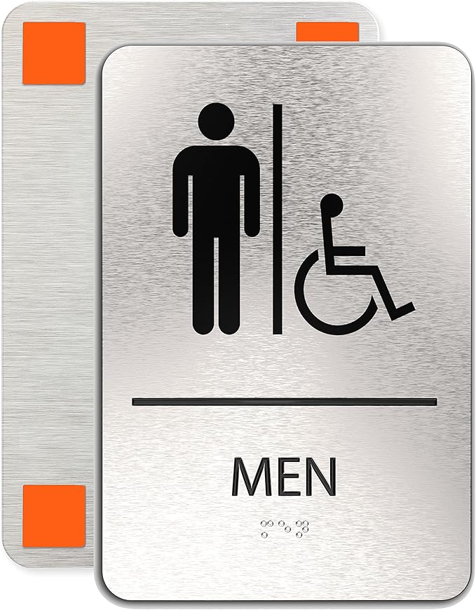 ADASigns Men Restroom Sign – 6" x 9" Durable Brushed Aluminum with Braille – Easy Installation with Strong Adhesive Tape – Weatherproof, ADA Compliant Bathroom Sign for Home, Office, & Business