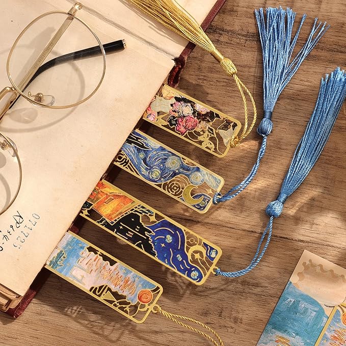 4 Pieces Metal Bookmarks with Tassel, Golden Hollow Bookmark Monet Oil Painting Theme Book Mark Bookmarks for Book Lovers Writers Readers Children Teens for Women Adults