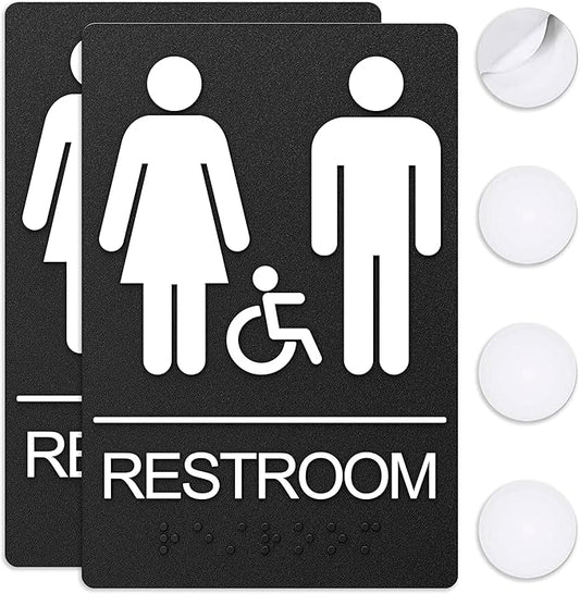 ASSURED SIGNS Unisex Bathroom Signs, Restroom Sign For Business - For Unisex Men and Women - 2 Pack - 9" by 6" - ADA Compliant with Braille and Handicap Symbol - Strong Double-Sided Adhesives Included - Apply to Door or Wall