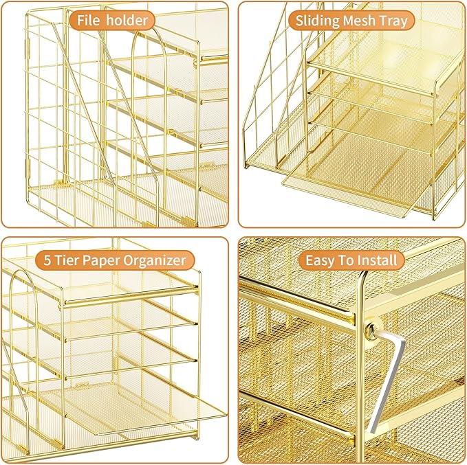 Marbrasse Desk Organizer with File Holder, 5-Tier Paper Letter Tray, Mesh Desk Organizers and Accessories with Magazine Holder, Desktop Organizer and Storage for Office Supplies (Gold)