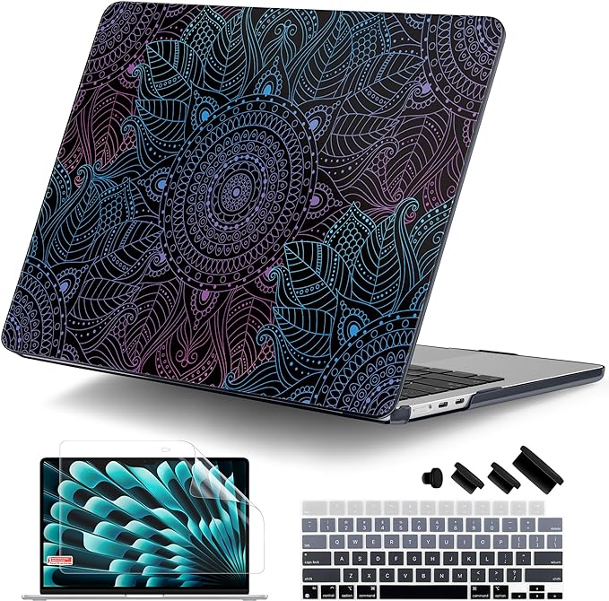 DONGKE Compatible with M4 MacBook Air 15 inch Case 2025 2024 2023 A3241 A3114 A2941 M3 M2 Liquid Retina Display Touch ID, Plastic Hard Case & Keyboard Skin & Screen Protector - Mandala