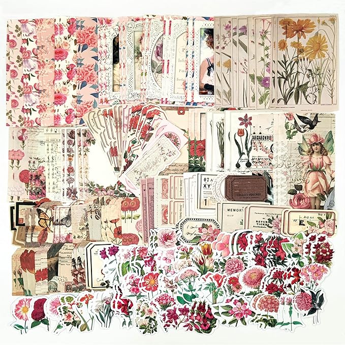 200PCS Vintage Scrapbooking Supplies Pack, Aesthetic Scrapbook Sticker Paper Art Journaling Kit for Bullet Junk Journals,Planner,Cottagecore Decor Gifts (Pink Series)