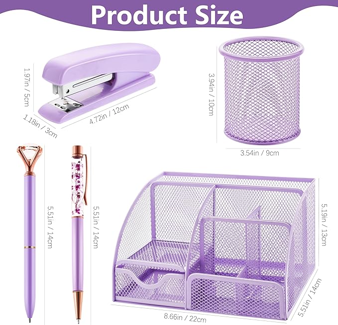 15 Pcs Purple Office Supplies Set Mesh Desk Organizer Accessories Kit Include Stapler Tape Dispenser Staple Remover Clips Ruler Scissors Sticky Notes for Office School Home Women (Purple)