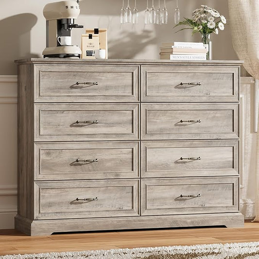 8 Drawer Dresser for Bedroom, 53" Wide Wooden Chest of Drawers, Rustic Farmhouse Dresser with Large Drawers & Metal Handles, Modern Storage Organizer for Closet, Living Room, Hallway, Grey