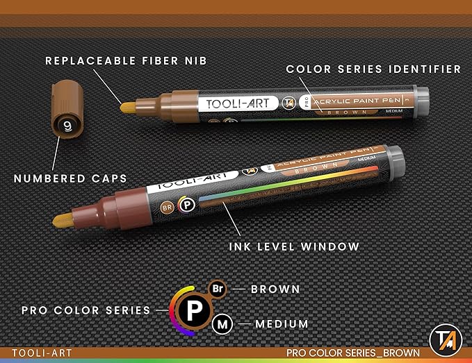 TOOLI-ART 22 Acrylic Paint Markers Pens Pro Color Series Set 3mm Medium Tip for Rock Painting, Glass, Mugs, Wood, Metal, Glass, Canvas, DIY. Non Toxic, Waterbased, Quick Drying (BROWN)