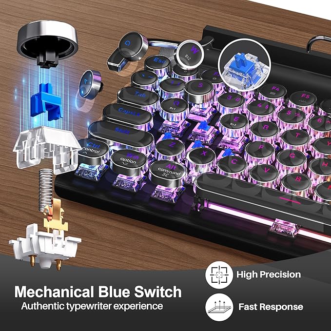 Retro Typewriter Mechanical Keyboard, Wireless Bluetooth 5.0 LED Backlit Office Computer Keyboards with 83-Key Clicky Blue Switches, Vintage Design for PC/Laptop/Mac/Pad/Phone/Gaming, Black