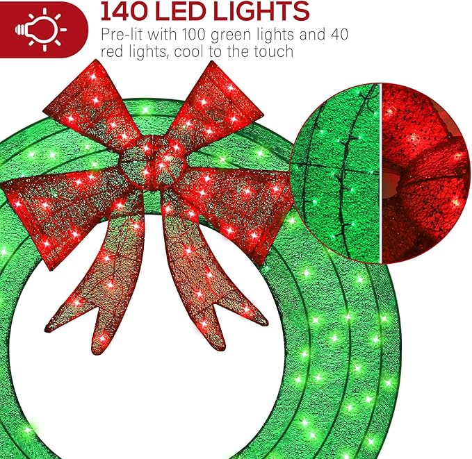 Hykolity 48 in. 3D Lighted Outdoor Christmas Wreath with 140 LED Lights & Red Bow, Christmas Holiday Yard Decoration for Garden, Porch - Green