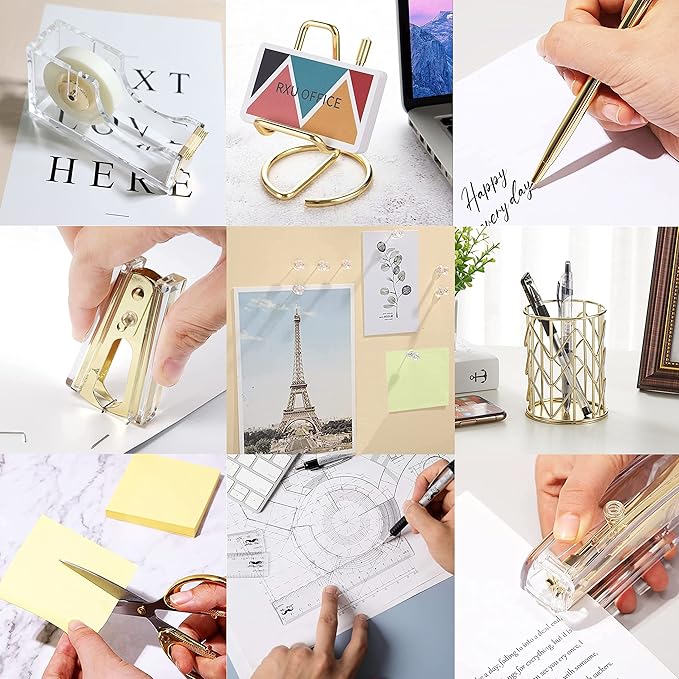 Gold Desk Accessories, Acrylic Stapler, Staple Remover, Tape Holder, Pen Holder, Ballpoint Pen, Scissor, Binder Clips, 1000pcs Staples, Phone Holder, Ruler, Transparent Glue and 300 Notes