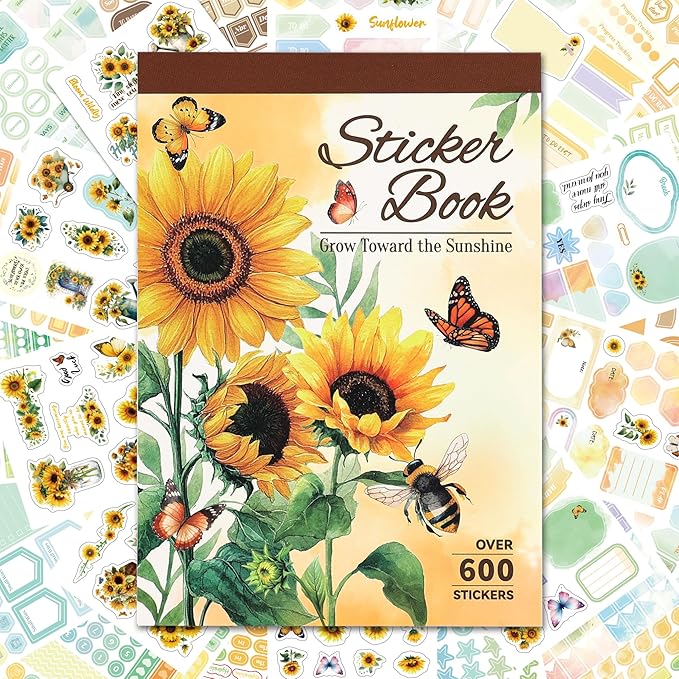 Aesthetic Sunflower Planner Sticker Book 25 Sheets with 600+ Decorative Stickers for Journaling, Scrapbooking, Bullet Journal, Happy Planner, DIY Stationery Supplies Gifts for Women Girls Teens Kids