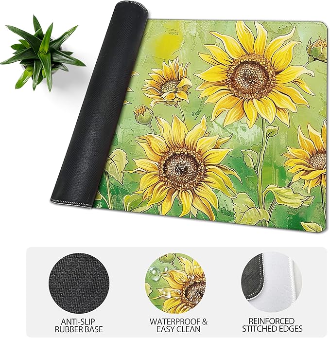 31.5”x11.8”Large Gaming Mouse Pad for Desk, Mouse Mat with Seamed Edges, Waterproof Desk Pad, Non-Slip Rubber Base, Keyboard Pad Computer Mat, Big XL Mousepad-Sunflowers On Green Oil Painting