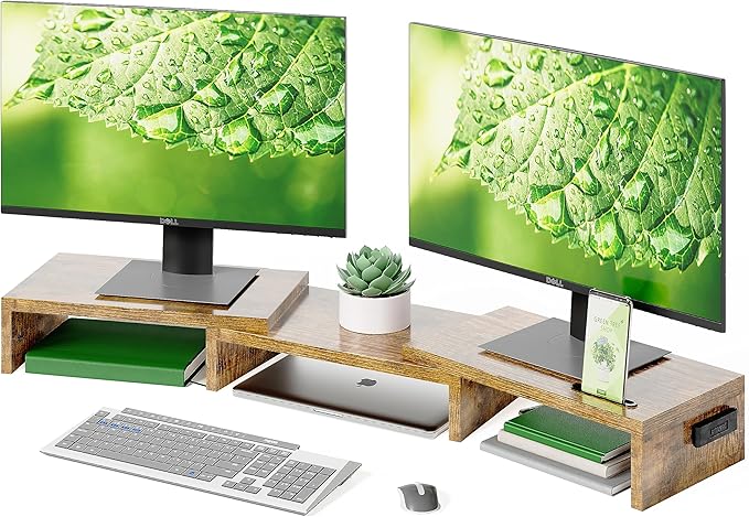 BONTEC Dual Monitor Stand Riser with Smartphone Holder, Adjustable Length & Swivel Angle, Ergonomic Wooden Desktop Organizer for PC Monitor, Laptop, Printer, Large Storage, Rustic Brown