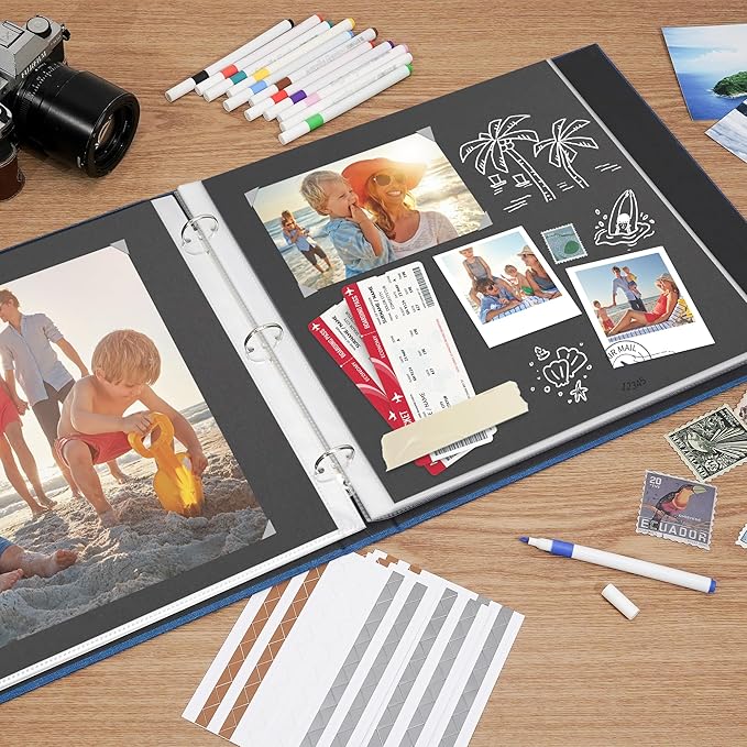 Vienrose Scrapbook Photo Album 12x12 Inch 3 Ring Binder, Linen Cover Large DIY Scrapbooks with 50 Sheets Plastic Sleeves 100 Pages Blank Black Inner Pages for Wedding Birthday Travel Baby Photos Blue