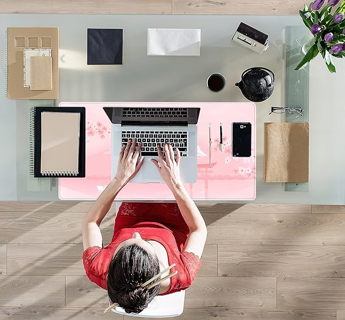 Cherry Blossom Mouse Pad Kawaii Pink Floral Desk Mat, Japanese Pastel Sakura Large Anime Gaming Mousepad XXL, Cute Aesthetic Mount Fuji Japan Keyboard Mats for Women Office Desk Pads 31.5"x15.75"