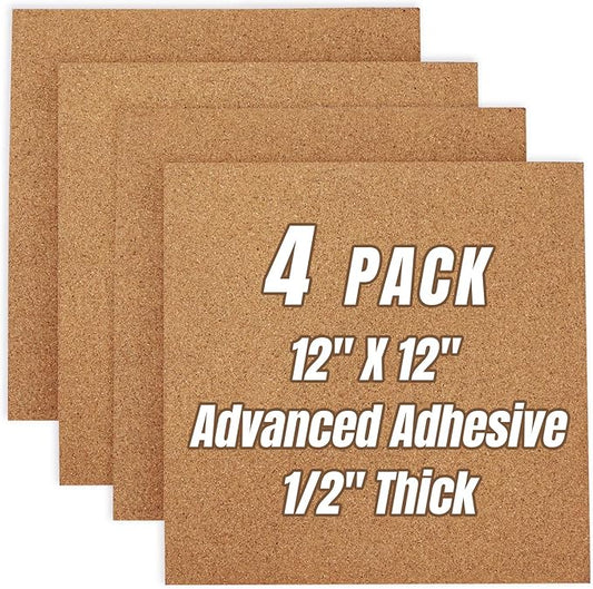 Cork Board Tiles 12"x12" - 1/2" Thick 4 Pack Cork Board Square Bulletin Boards Self Adhesive Corkboards for Walls Pin Boards Corkboards for Office Home School Decor