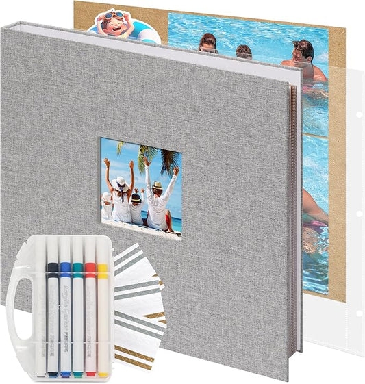 Vienrose Scrapbook Photo Album 12x12 Inch 3 Ring Binder, Linen Cover Large DIY Scrapbooks with 50 Sheets Plastic Sleeves 100 Pages Blank Khaki Inner Pages for Wedding Birthday Travel Baby Photos Grey