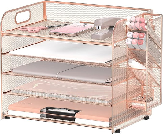 SUPEASY 5 Tier Desk Organizer with Handle & Removable Pen Holders, Mesh Paper/File Organizer for Office Supplies, Rose Gold