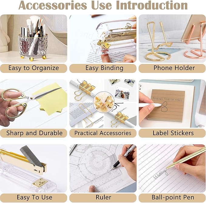 Gold Desk Accessories, Office Desk Organizers and Accessories 360°Pen Holder Acrylic Stapler Set, Phone Holder, Ballpoint Pen, Scissor, Binder Clips, Ruler, Transparent Glue, Sticky Note and Staples.