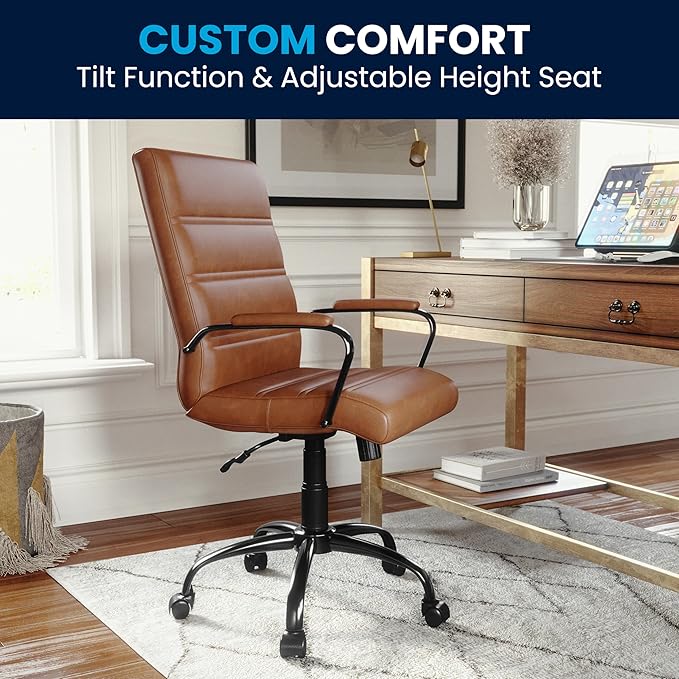 Flash Furniture Whitney Mid-Back Swivel Leather Desk Chair with Padded Seat and Armrests, Adjustable Height Padded Leather Office Chair, Brown/Black