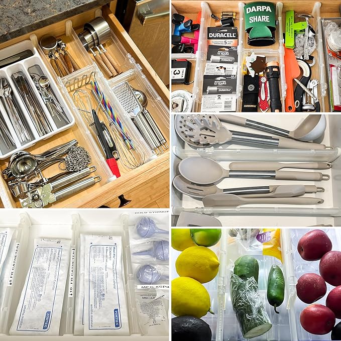 HiYZ Expandable Drawer Dividers with Inserts - 2.36'' High Adjustable Drawer Organizers Separators for Kitchen, Bedroom, Dresser, Office, 8 Long Dividers(12.6-22.8'') with 16 Inserts(3.9-7.1'')-Clear