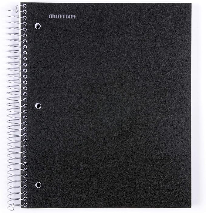 Mintra Office Durable Spiral Notebooks, 5 Subject (Black, Wide Ruled 1pk)
