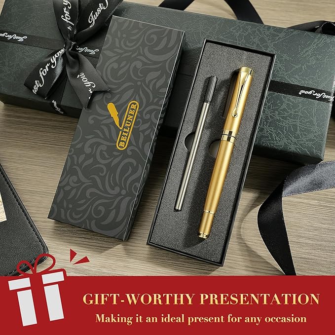 BEILUNER Ballpoint Pens, Stainless Steel with Chrome Trim, Luxury Golden Metal Pen Set, Best Ball Pen Gift Set for Men & Women, Professional, Executive, Office, Fancy Pens-Nice Box with Extra Refill