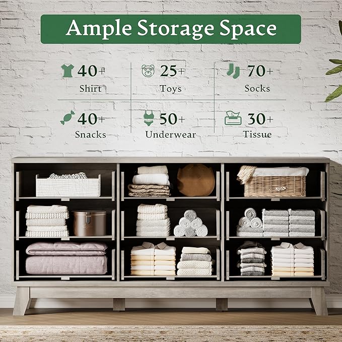 Fluted Dresser with 9 Drawers, 63" Wide Wood Chest of Drawers with Metal Handle, Wooden Dresser TV Stand, Modern Closet Clothes Storage Organizer for Bedroom, Living Room, Hallway, Light Grey