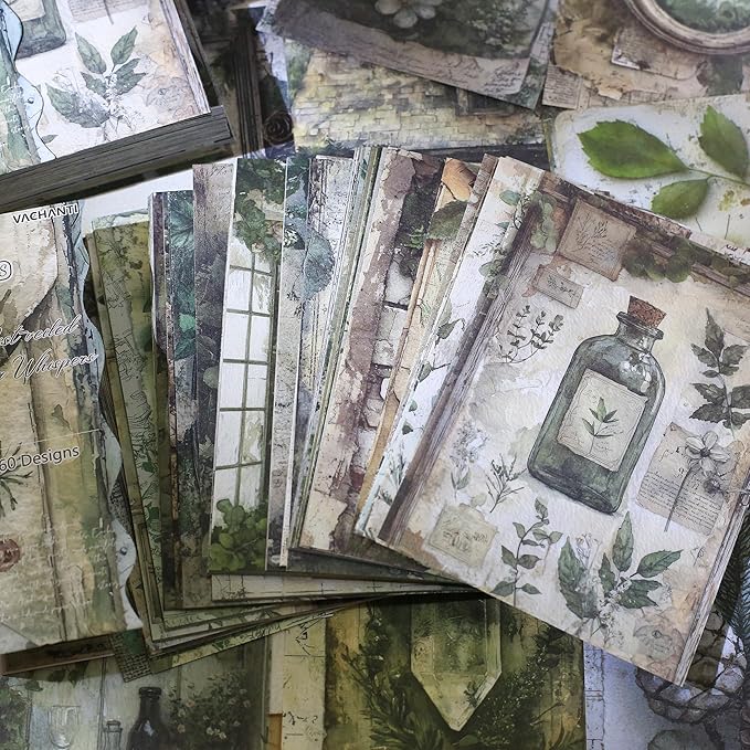 160 Sheets Vintage Flower Scrapbook Paper Green Collage Flowers No Repeating Patterns Perfect for Junk Journal DIY Cards Craft Albums Scrapbooking Supplies (Green, 3.9 x 5.5 inches)