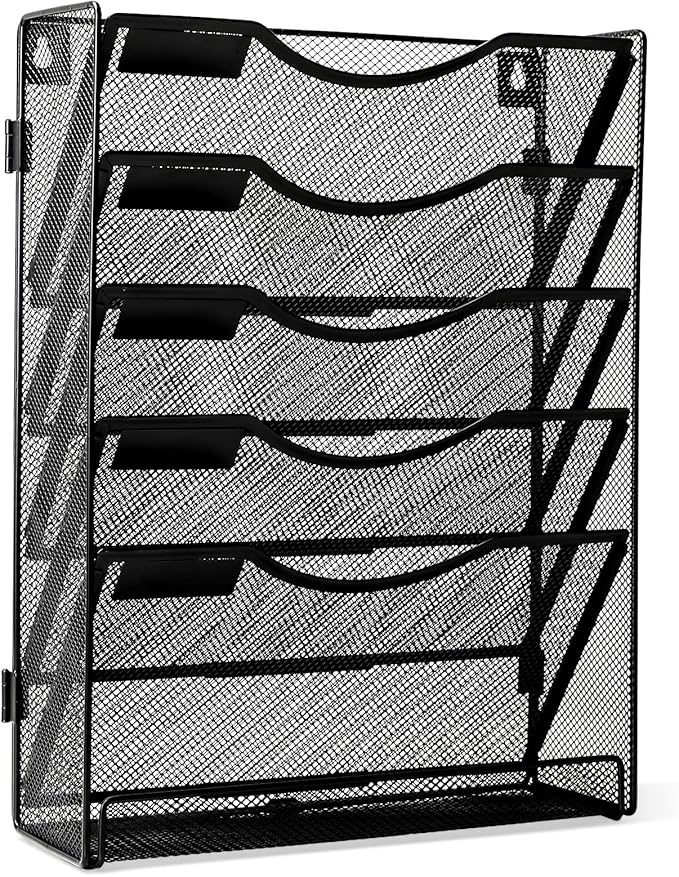 EasyPAG 5-Tier Wall File Holder, Mesh Hanging Folder Organizer with Classify Label, Versatile Desk File Organizer for Office Home , Vertical Wall Mounted Mail Paper Sorter, Easy Assembly, 2 Pack Black