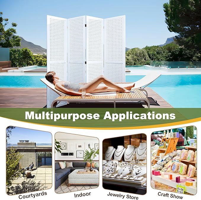 NicBex 4 Panel Pegboard Display,5.6FT Wood PegBoard Room Dividers,Folding Privacy Screens Portable Freestanding Display Board for Craft/Art Shows,Room Separation,White