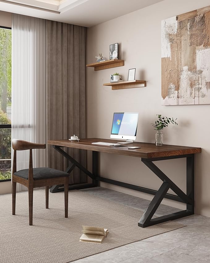 Solid Wood Computer Desk,Rustic Style 55-inch Large Office Desk- Modern Gaming Working for Home Office, Modern Simple Design, Ideal for Study, Writing, Dining