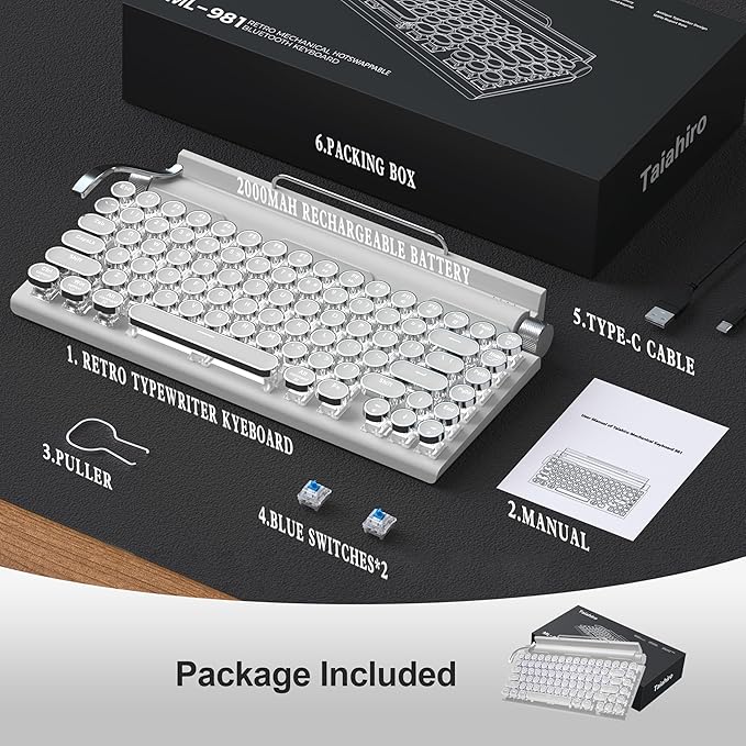 Retro Typewriter Wireless Mechanical Gaming Keyboard, Bluetooth 5.0 Office Computer Vintage Keyboards 83-Key Blue Switches Punk Round Keycap, LED Backlight, Compatible with PC/Laptop/Pad/Phone, White