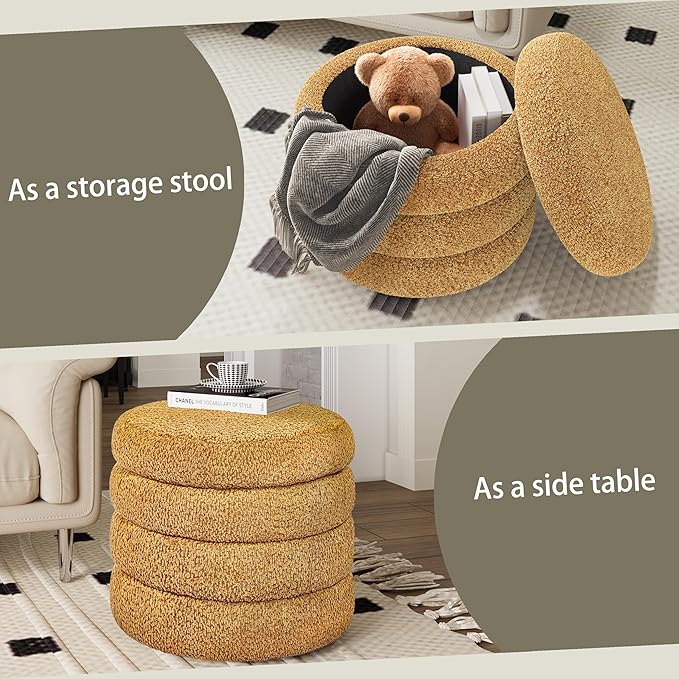 Storage Ottoman, Round Ottoman with Storage, Vanity Stool Foot Rest with Removable Lid, Round Boucle Upholstered for Living Room Pouf Footstool